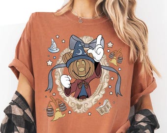 Camiseta de Halloween de Mickey y calabaza, camiseta de hechicero de Disney, camiseta retro de escoba mágica, camiseta de otoño de Disney de temporada espeluznante, camiseta de truco o trato, regalo