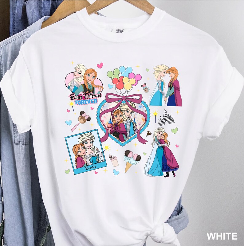 Cute coquette-style Disney Frozen shirt featuring Elsa and Anna with hearts, bows, and pastel icons, ideal for sisters and best friends.
