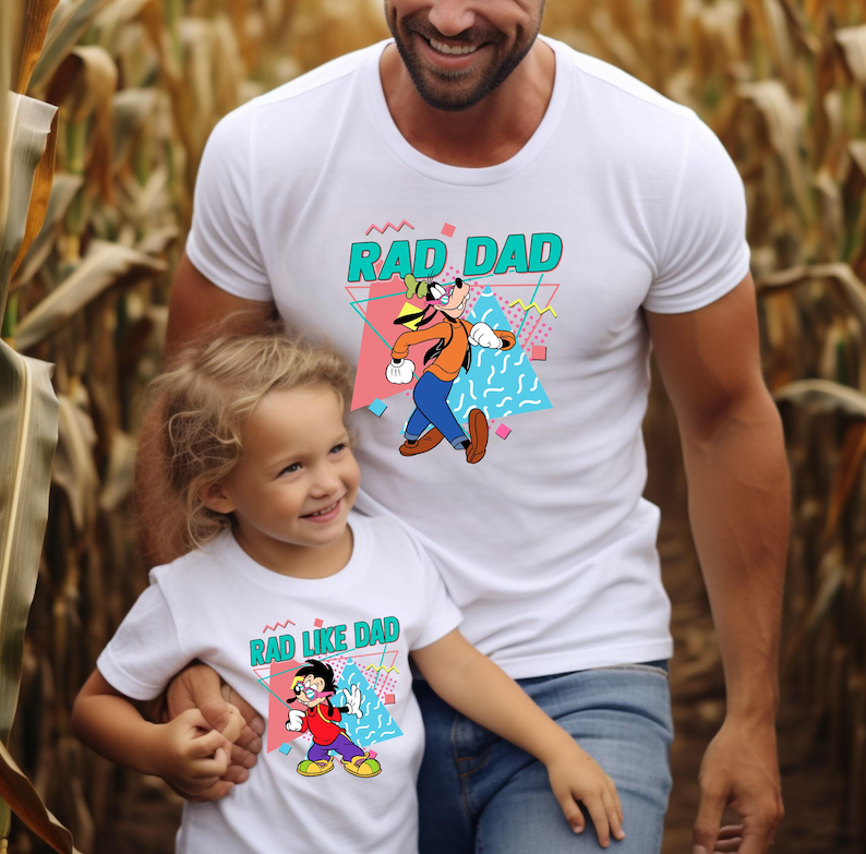 Father and son matching Disney shirts featuring Goofy and Max with "Rad Dad" and "Rad Like Dad" text, perfect for Disney World Father's Day or family vacation outfits.