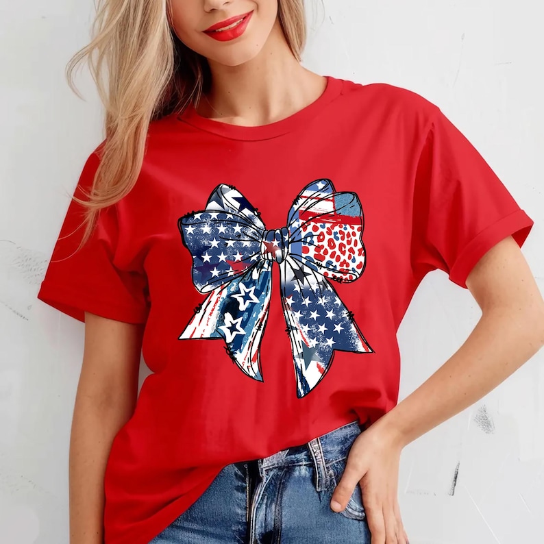 Patriotic bow shirt design with red white and blue colors stars and stripes perfect for 4th of July womens Independence Day summer outfit