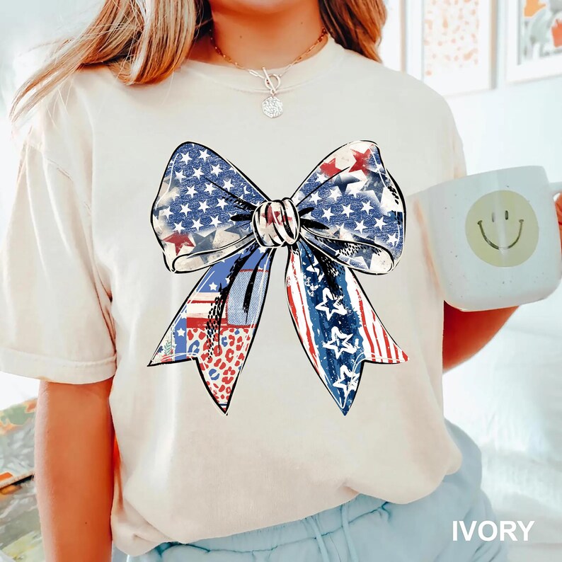 Distressed patriotic bow graphic in red white and blue with stars stripes and mixed animal print patterns perfect for USA 4th of July shirts women’s Independence Day tees America flag summer outfits cute freedom celebration apparel or red white blue patriotic shirt for parades BBQs and holiday events
