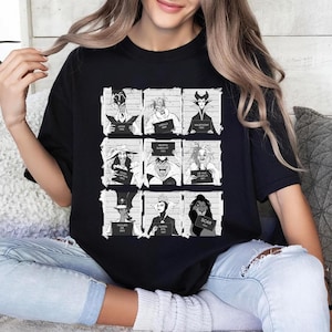 Retro Disney Villains mugshot shirt featuring lineup of Evil Queen, Ursula, Jafar, Scar, Maleficent, Cruella, Captain Hook, Dr. Facilier, and Queen of Hearts, perfect for Halloween, Disney villain fans, and Magic Kingdom group trips.