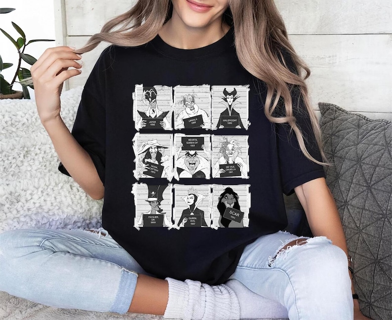 Retro Disney Villains mugshot shirt featuring lineup of Evil Queen, Ursula, Jafar, Scar, Maleficent, Cruella, Captain Hook, Dr. Facilier, and Queen of Hearts, perfect for Halloween, Disney villain fans, and Magic Kingdom group trips.