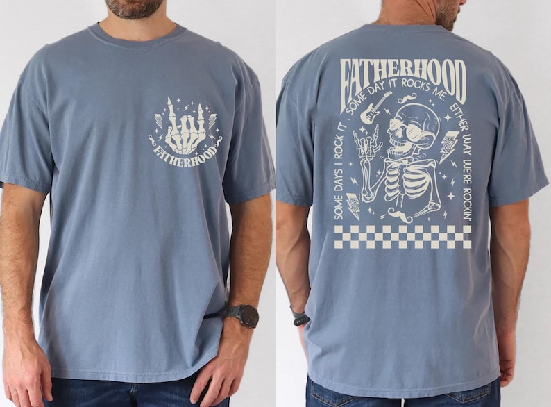 Funny Fatherhood shirt featuring rock and roll skeleton hand with sunglasses and lightning bolts, bold graphic tee for dads who love music, cool retro Father's Day shirt for first-time dad or new dad, punk dad gift t-shirt with skeleton design, Father's Day gift for husband from kids, edgy and fun dad shirt with vintage rock band vibe, fatherhood rocks themed tee for dad’s birthday or family photos