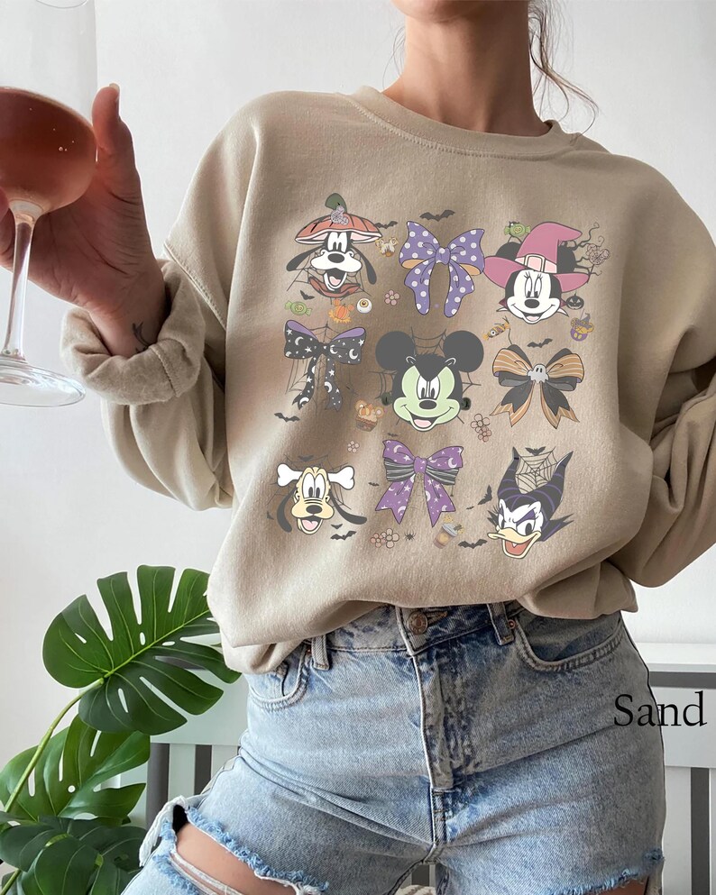 Pastel Disney Halloween shirt design featuring Mickey, Minnie, Donald, Goofy, and bows in coquette style with spider webs, candy, and spooky accents—perfect for family matching shirts and Mickey’s Not So Scary Halloween Party 2025.
