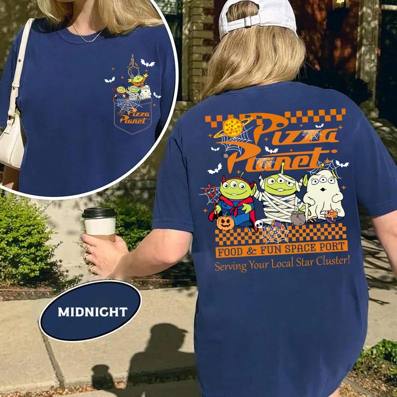 Toy Story Pizza Planet Halloween shirt front design with three green aliens dressed as devil mummy and ghost holding candy, featuring vintage Disney Halloween style for Not So Scary Party or Disneyland trip. Pizza Planet Halloween claw machine pocket design on the back of shirt with Toy Story aliens in costumes and spooky spiderweb, perfect for Disney family matching Halloween outfit and Mickey’s Not So Scary event.