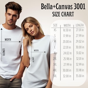Op de afbeelding: Maattabel voor Bella + Canvas 3001 T-shirts, met breedte- en lengtemaat in inches voor maten XS tot 5XL.