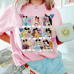 Disney Princess t-shirt and sweatshirt featuring Elsa, Ariel, Pocahontas, Belle, Jasmine, Rapunzel, Anna, Cinderella, Snow White perfect for Disney princess fans and family matching outfits.