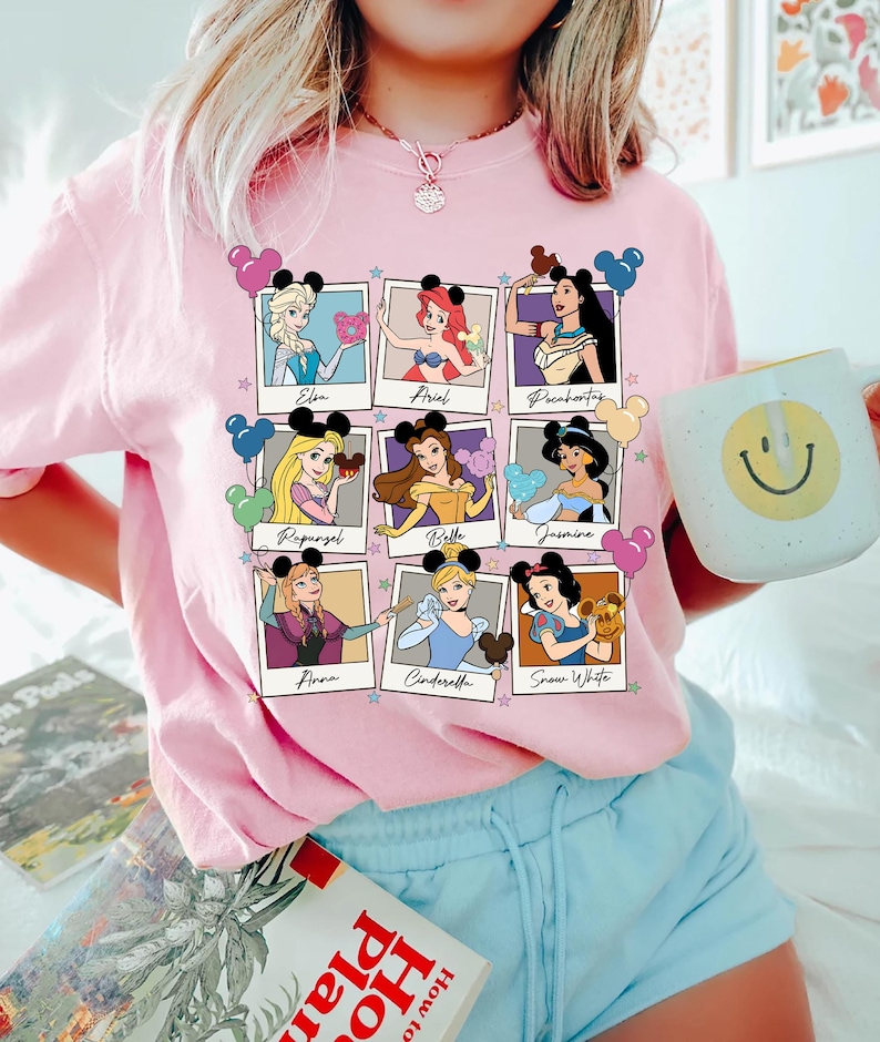 Disney Princess t-shirt and sweatshirt featuring Elsa, Ariel, Pocahontas, Belle, Jasmine, Rapunzel, Anna, Cinderella, Snow White perfect for Disney princess fans and family matching outfits.
