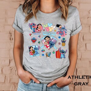 Colorful Lilo and Stitch best friends shirt featuring tropical icons heart frames surfboards balloons and cute moments perfect for Disney trips or summer bestie shirts
