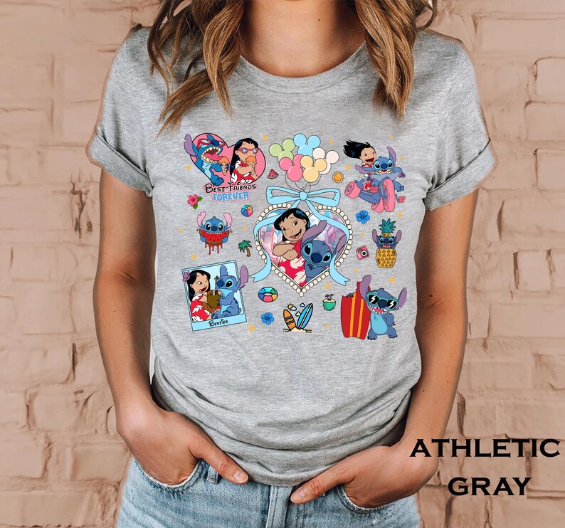 Colorful Lilo and Stitch best friends shirt featuring tropical icons heart frames surfboards balloons and cute moments perfect for Disney trips or summer bestie shirts
