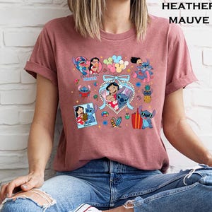 Colorful Lilo and Stitch best friends shirt featuring tropical icons heart frames surfboards balloons and cute moments perfect for Disney trips or summer bestie shirts