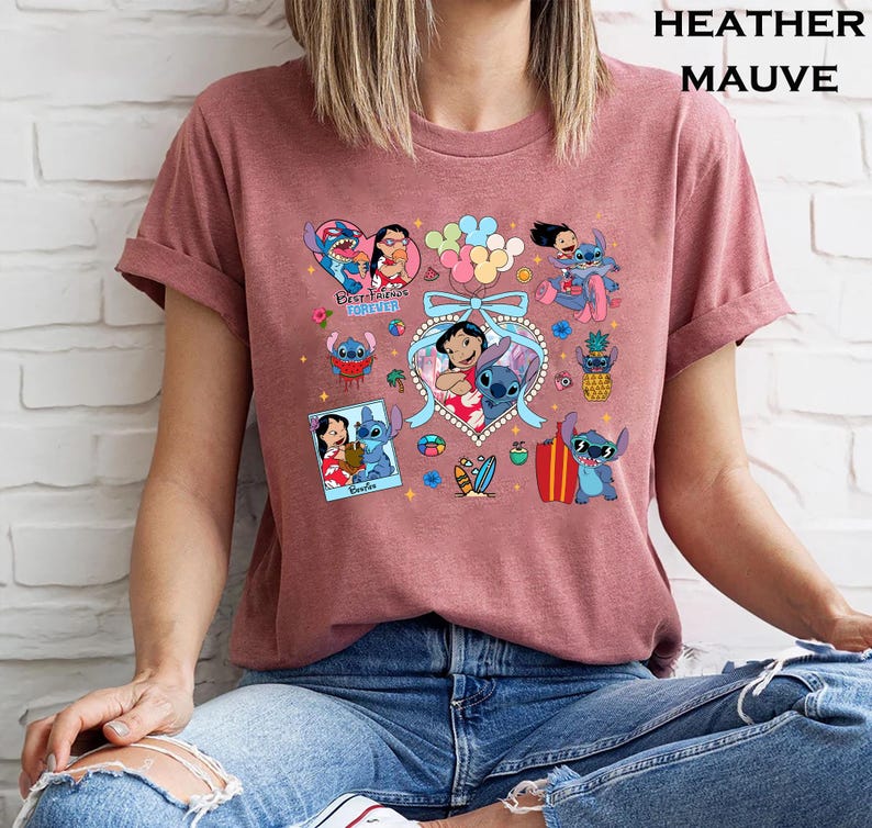 Colorful Lilo and Stitch best friends shirt featuring tropical icons heart frames surfboards balloons and cute moments perfect for Disney trips or summer bestie shirts