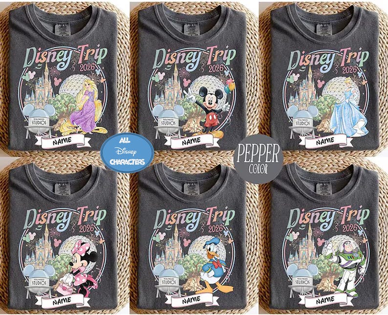 May include: Pepper-colored t-shirts with a Disney Trip 2026 design. Each shirt features a different Disney character, including Rapunzel, Mickey Mouse, Cinderella, Minnie Mouse, Donald Duck, and Buzz Lightyear. The shirts have a customizable "NAME" banner.