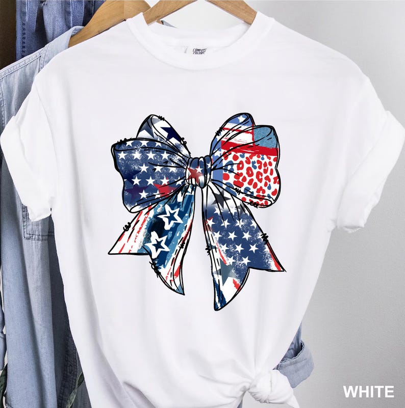 Patriotic bow shirt design with red white and blue colors stars and stripes perfect for 4th of July womens Independence Day summer outfit