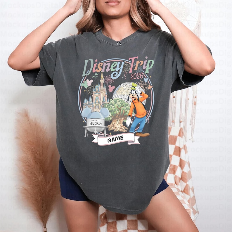 Custom Disney trip 2026 shirt design featuring all popular Disney characters including Mickey Minnie princesses Pixar and Star Wars styles with castle EPCOT background and personalized name perfect for family matching Disney World vacation tees