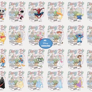 Custom Disney trip 2026 shirt design featuring all popular Disney characters including Mickey Minnie princesses Pixar and Star Wars styles with castle EPCOT background and personalized name perfect for family matching Disney World vacation tees