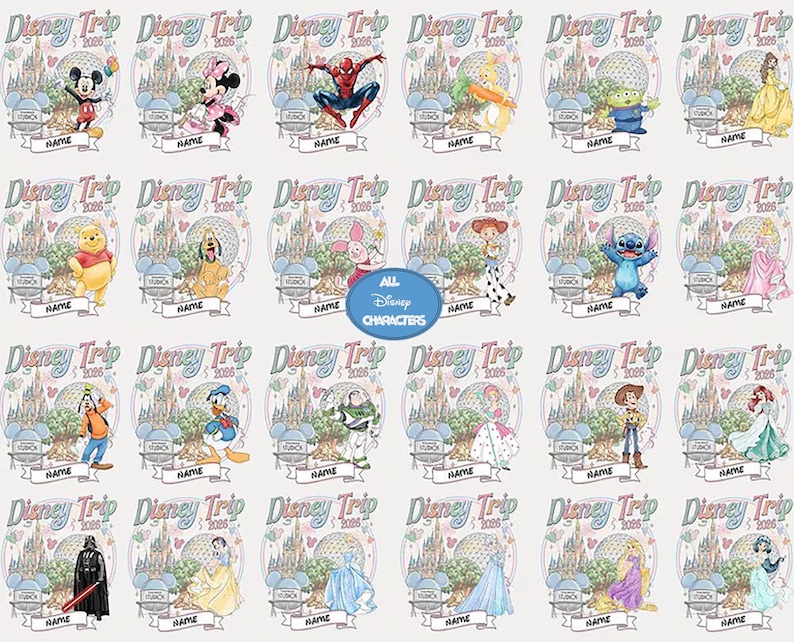 Custom Disney trip 2026 shirt design featuring all popular Disney characters including Mickey Minnie princesses Pixar and Star Wars styles with castle EPCOT background and personalized name perfect for family matching Disney World vacation tees