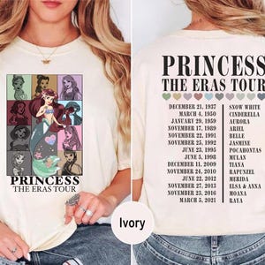 Princess The Eras Tour shirt featuring Disney Princesses Ariel, Belle, and Cinderella, perfect for Disney fans and collectors.