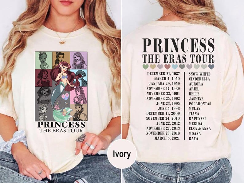 Princess The Eras Tour shirt featuring Disney Princesses Ariel, Belle, and Cinderella, perfect for Disney fans and collectors.