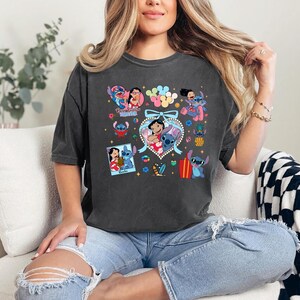 Colorful Lilo and Stitch best friends shirt featuring tropical icons heart frames surfboards balloons and cute moments perfect for Disney trips or summer bestie shirts