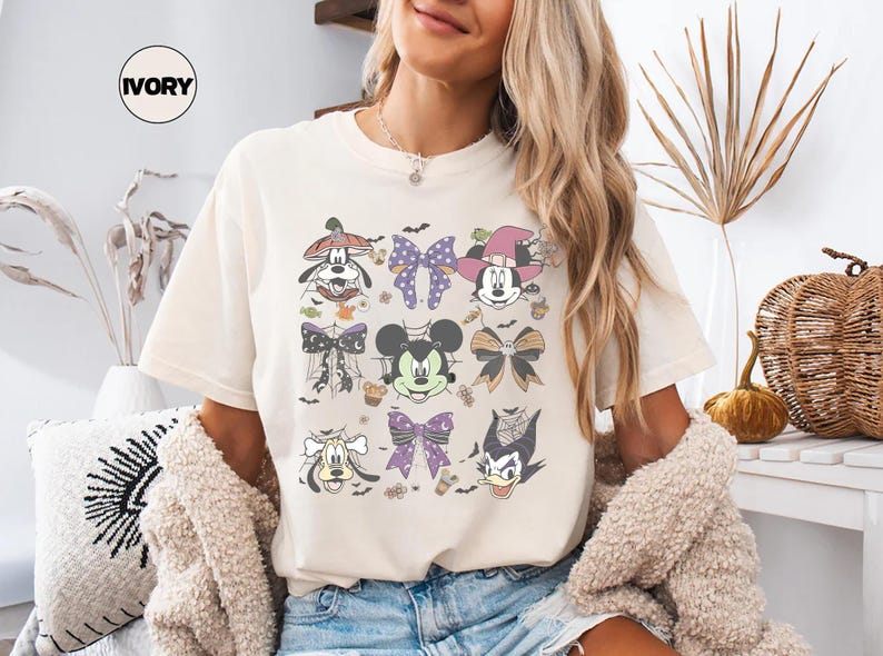 Pastel Disney Halloween shirt design featuring Mickey, Minnie, Donald, Goofy, and bows in coquette style with spider webs, candy, and spooky accents—perfect for family matching shirts and Mickey’s Not So Scary Halloween Party 2025.