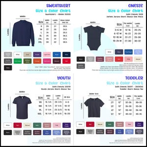 May include: Size and color chart for Gildan 18000 adult crewneck sweatshirt, Bella Canvas 3001T youth short sleeve tee, Bella Canvas 3001 youth short sleeve tee, and Bella Canvas 1008 infant jersey short sleeve one piece. The chart includes size, width, length, and sleeve center back measurements in inches. Color options include white, sand, purple, light pink, royal, navy, heather, dark gray, inch green, military green, orange, melon, maroon, red, black, heather athletic gray, heather dark gray, heather maroon, true royal, columbia blue, midnight navy, natural, kelly, mauve, pink, and team purple.