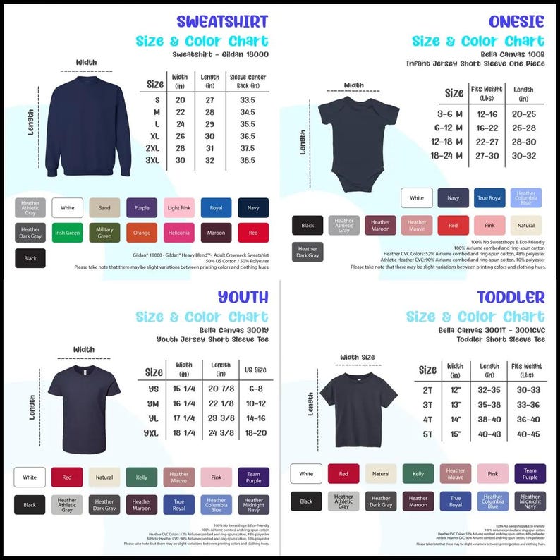 May include: Size and color chart for Gildan 18000 adult crewneck sweatshirt, Bella Canvas 3001T youth short sleeve tee, Bella Canvas 3001 youth short sleeve tee, and Bella Canvas 1008 infant jersey short sleeve one piece. The chart includes size, width, length, and sleeve center back measurements in inches. Color options include white, sand, purple, light pink, royal, navy, heather, dark gray, inch green, military green, orange, melon, maroon, red, black, heather athletic gray, heather dark gray, heather maroon, true royal, columbia blue, midnight navy, natural, kelly, mauve, pink, and team purple.