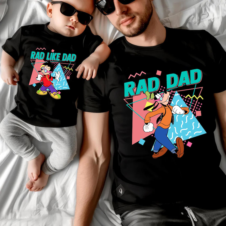 Father and son matching Disney shirts featuring Goofy and Max with "Rad Dad" and "Rad Like Dad" text, perfect for Disney World Father's Day or family vacation outfits.