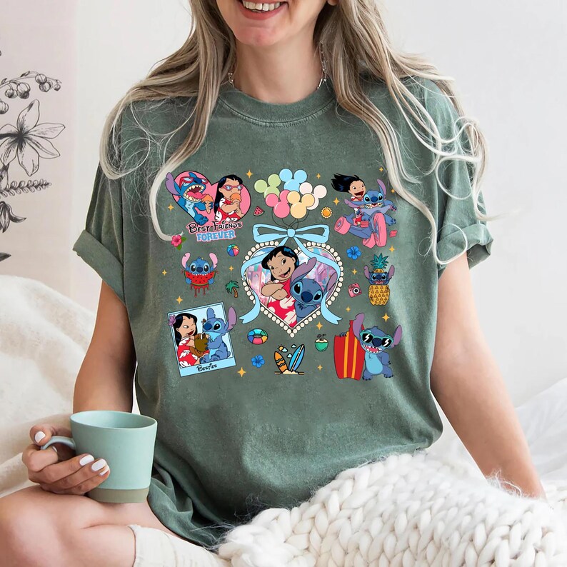 Colorful Lilo and Stitch best friends shirt featuring tropical icons heart frames surfboards balloons and cute moments perfect for Disney trips or summer bestie shirts