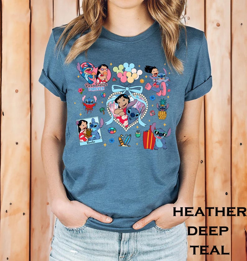 Colorful Lilo and Stitch best friends shirt featuring tropical icons heart frames surfboards balloons and cute moments perfect for Disney trips or summer bestie shirts