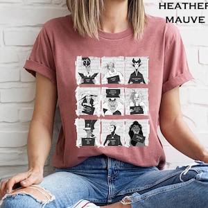 Retro Disney Villains mugshot shirt featuring lineup of Evil Queen, Ursula, Jafar, Scar, Maleficent, Cruella, Captain Hook, Dr. Facilier, and Queen of Hearts, perfect for Halloween, Disney villain fans, and Magic Kingdom group trips.