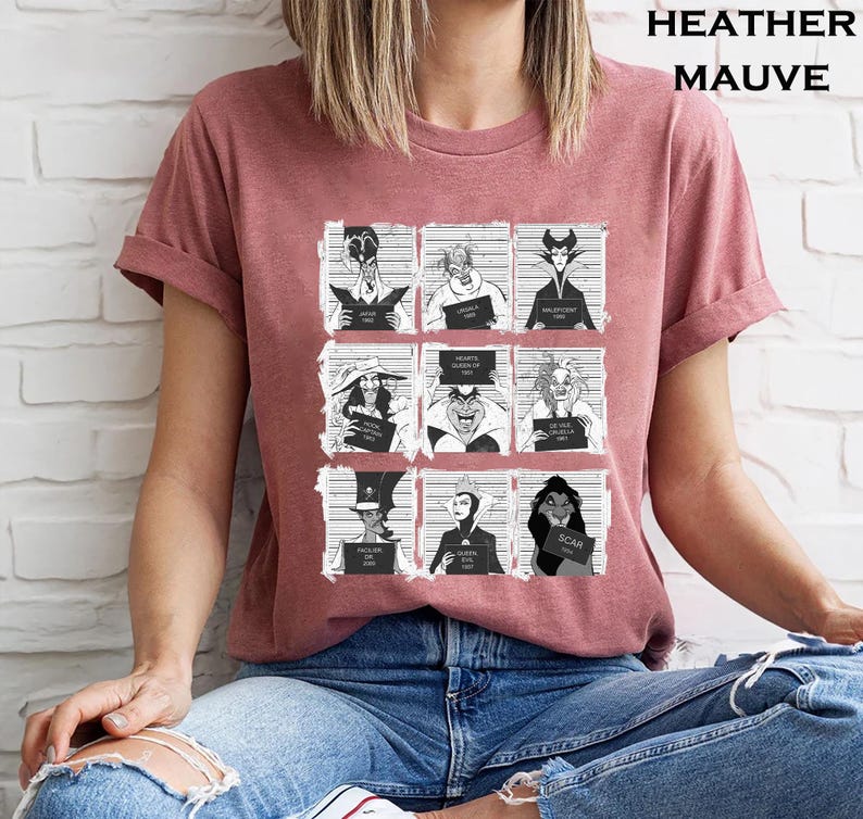 Retro Disney Villains mugshot shirt featuring lineup of Evil Queen, Ursula, Jafar, Scar, Maleficent, Cruella, Captain Hook, Dr. Facilier, and Queen of Hearts, perfect for Halloween, Disney villain fans, and Magic Kingdom group trips.