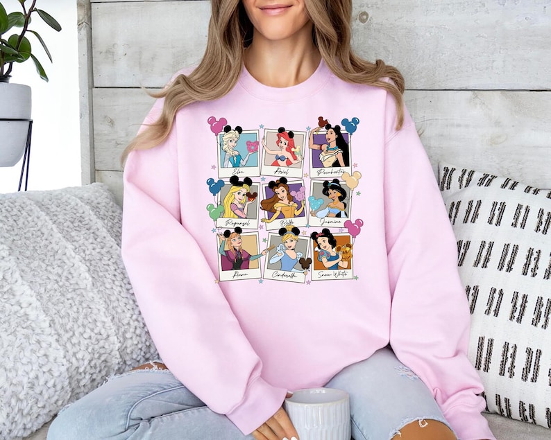 Disney Princesses t-shirt for women and girls featuring popular characters like Elsa, Ariel, Belle, Jasmine, and Pocahontas, ideal gift for Disney fans.