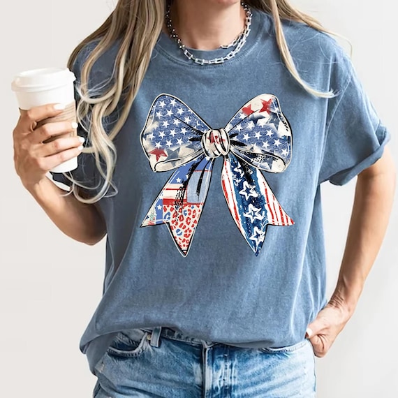 USA Patriotic Bow Shirt Womens 4th Of July Tee Cute America Flag Shirt Red White and Blue Shirt Independence Day Tee Summer Freedom Shirt