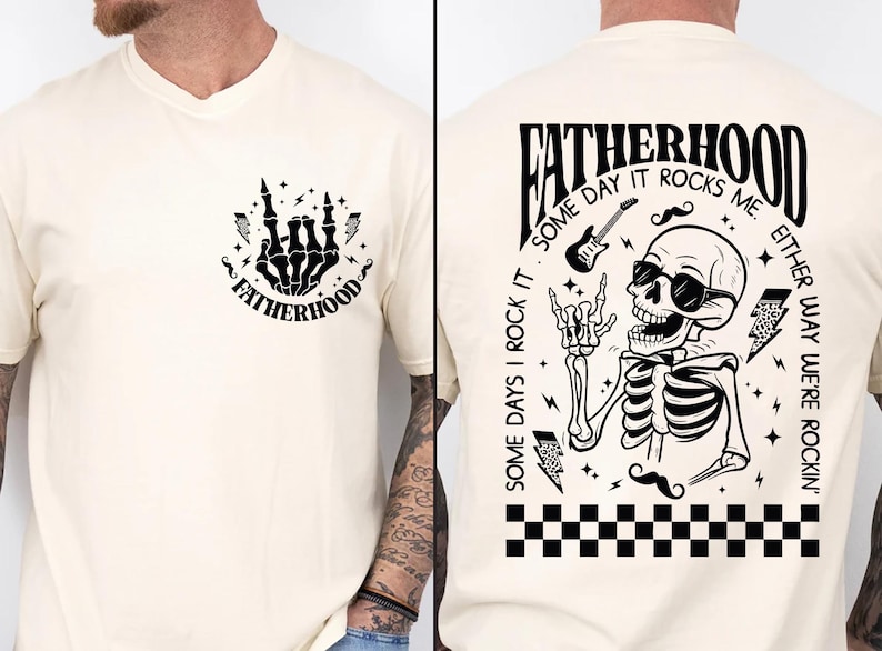 Funny Fatherhood shirt featuring rock and roll skeleton hand with sunglasses and lightning bolts, bold graphic tee for dads who love music, cool retro Father's Day shirt for first-time dad or new dad, punk dad gift t-shirt with skeleton design, Father's Day gift for husband from kids, edgy and fun dad shirt with vintage rock band vibe, fatherhood rocks themed tee for dad’s birthday or family photos