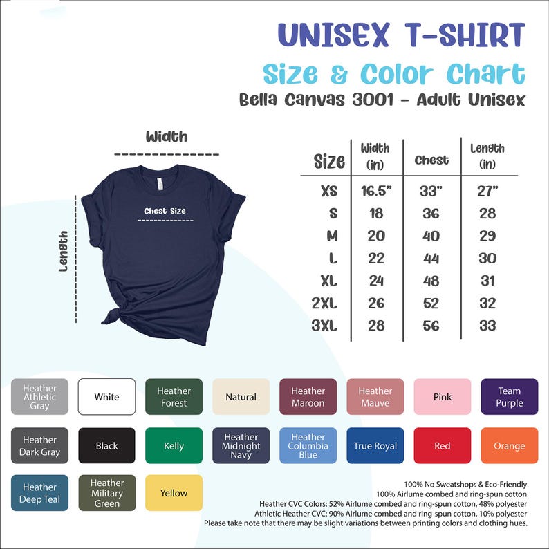 May include: Unisex t-shirt size chart with measurements in inches for chest, width, and length. The chart includes sizes XS to 3XL. The chart is displayed on a white background with a blue t-shirt image. Below the chart is a colour chart with 18 different colour options for the t-shirt.