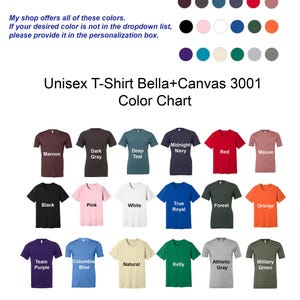 Puede incluir: Carta de colores para camisetas unisex Bella+Canvas 3001. La carta muestra 20 colores diferentes, incluyendo granate, gris oscuro, azul teal oscuro, azul marino medianoche, rojo, malva, negro, rosa, blanco, azul royal verdadero, verde bosque, naranja, morado equipo, azul Columbia, natural, verde Kelly, gris atl&eacute;tico y verde militar.  Talla unisex, ajuste cl&aacute;sico.  Cinta para el hombro.  100 % algod&oacute;n peinado y hilado en anillo Airlume, 32 hilos, 4,2 oz/yd&sup3; (142 g/m&sup2;).  Costuras laterales.  100 % sin talleres clandestinos y ecol&oacute;gico.  Colores Heather CVC: 52 % algod&oacute;n peinado y hilado en anillo Airlume, 48 % poli&eacute;ster, 32 hilos, 4,2 oz.  Heather CVC atl&eacute;tico: 90 % algod&oacute;n peinado y hilado en anillo Airlume, 10 % poli&eacute;ster, 32 hilos, 4,2 oz.