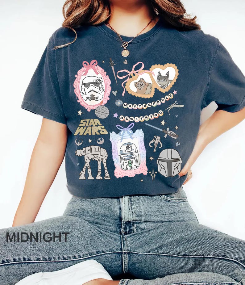 Retro pastel water color coquette Star Wars shirt with kawaii-style Stormtrooper, R2D2, AT-AT, Ewok, and Mandalorian helmet in watercolor frames with bows and hearts, perfect for Disney trip or Star Wars Day outfit.