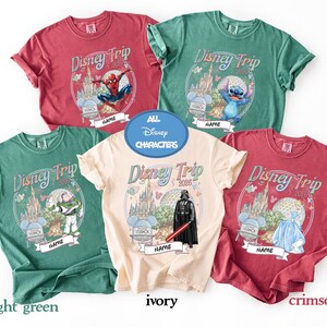 Custom Disney trip 2026 shirt design featuring all popular Disney characters including Mickey Minnie princesses Pixar and Star Wars styles with castle EPCOT background and personalized name perfect for family matching Disney World vacation tees