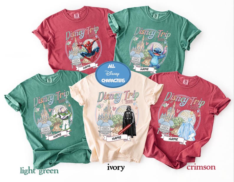 Custom Disney trip 2026 shirt design featuring all popular Disney characters including Mickey Minnie princesses Pixar and Star Wars styles with castle EPCOT background and personalized name perfect for family matching Disney World vacation tees