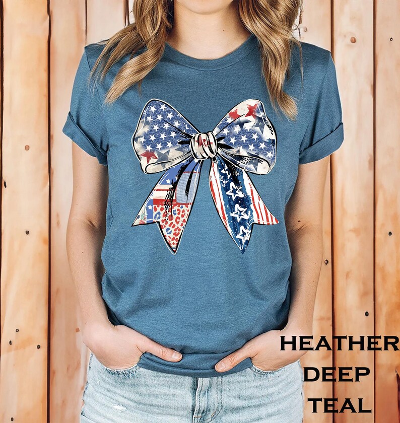 Distressed patriotic bow graphic in red white and blue with stars stripes and mixed animal print patterns perfect for USA 4th of July shirts women’s Independence Day tees America flag summer outfits cute freedom celebration apparel or red white blue patriotic shirt for parades BBQs and holiday events