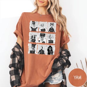 Retro Disney Villains mugshot shirt featuring lineup of Evil Queen, Ursula, Jafar, Scar, Maleficent, Cruella, Captain Hook, Dr. Facilier, and Queen of Hearts, perfect for Halloween, Disney villain fans, and Magic Kingdom group trips.