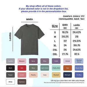 Op de afbeelding: Een tabel met de maat en de afmetingen in inches van een zwaargewicht t-shirt voor volwassenen. De tabel bevat de maten S, M, L, XL, 2XL en 3XL. De tabel bevat ook een kleurenkaart met 16 verschillende kleuren.