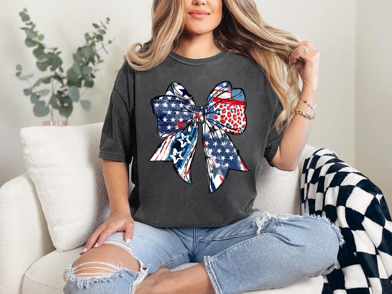 Patriotic bow shirt design with red white and blue colors stars and stripes perfect for 4th of July womens Independence Day summer outfit