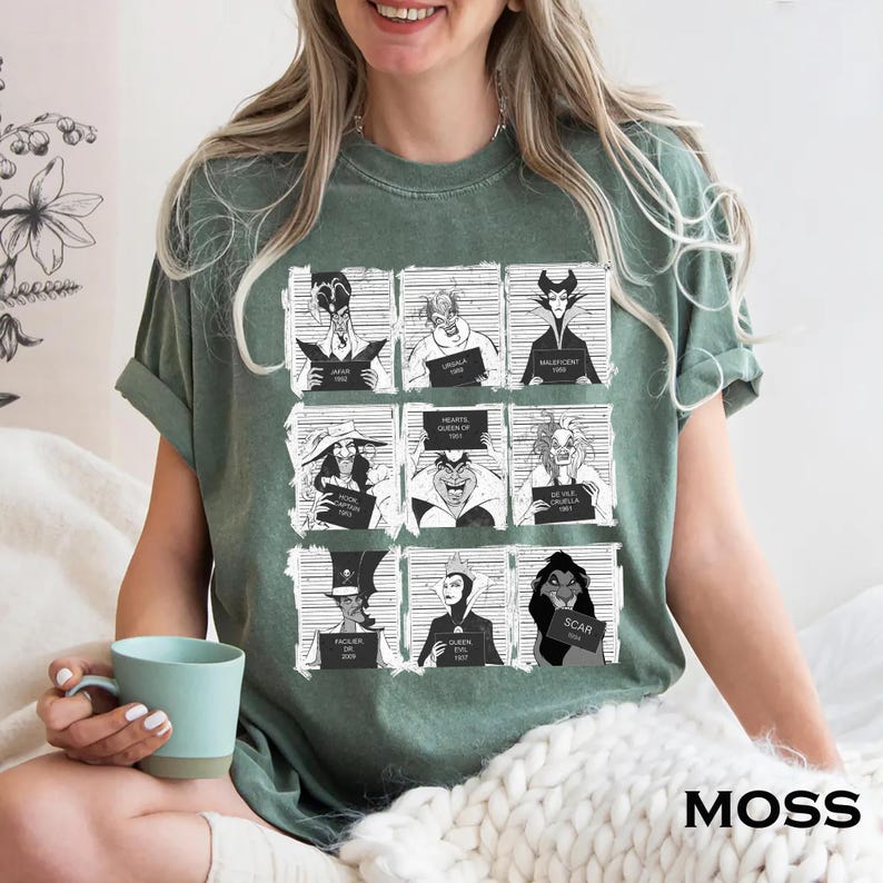 Retro Disney Villains mugshot shirt featuring lineup of Evil Queen, Ursula, Jafar, Scar, Maleficent, Cruella, Captain Hook, Dr. Facilier, and Queen of Hearts, perfect for Halloween, Disney villain fans, and Magic Kingdom group trips.