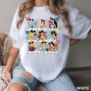 Cute Disney Princess shirt with Elsa, Ariel, Pocahontas, Belle, and Jasmine, great for women and girls who love Disney princesses.
