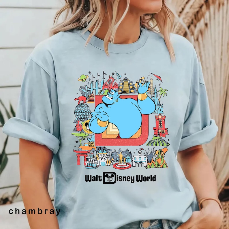 genie and aladdin disney world shirt featuring genie surrounded by disney park icons magic kingdom epcot animal kingdom hollywood studios design