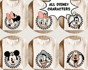 レトロミッキーミニーシャツ、レトロディズニー旅行Tシャツ、ヴィンテージミッキーと仲間たちシャツ、チェック柄ヴィンテージディズニーファミリーバケーションお揃いTシャツ