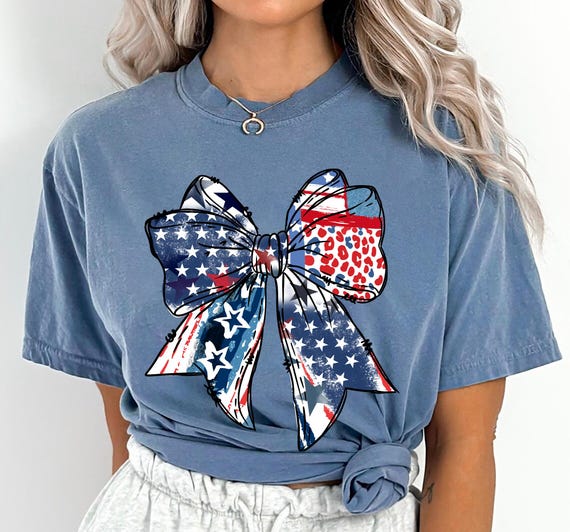 USA Patriotic Bow Shirt Womens 4th Of July Tee Cute America Flag Shirt Red White and Blue Shirt Independence Day Tee Summer Freedom Shirt
